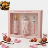 Delina De Marly box for women, featuring elegant packaging and floral perfume bottles, displayed on a neutral background.