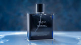 Blue de Chanel 100ml fragrance bottle with sleek blue design, shown on a neutral background.