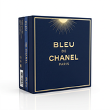 Blue de Chanel box with sleek blue packaging and elegant branding, designed for luxury fragrance presentation.