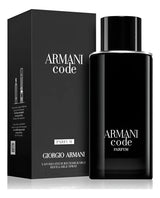 Giorgio Armani Armani Code Parfum men's fragrance bottle with sleek black design and gold accents, showcasing luxurious scent.