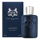 Golden bottle of Layton Parfums de Marly 100ml perfume with elegant packaging and a sleek, luxurious design.