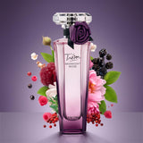 Lancôme Trésor Midnight Rose perfume bottle for women, elegant glass container with rose-colored liquid and floral design.