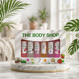 The Body Shop Box with assorted skincare products in a gift box, featuring The Body Shop branding and colorful packaging.