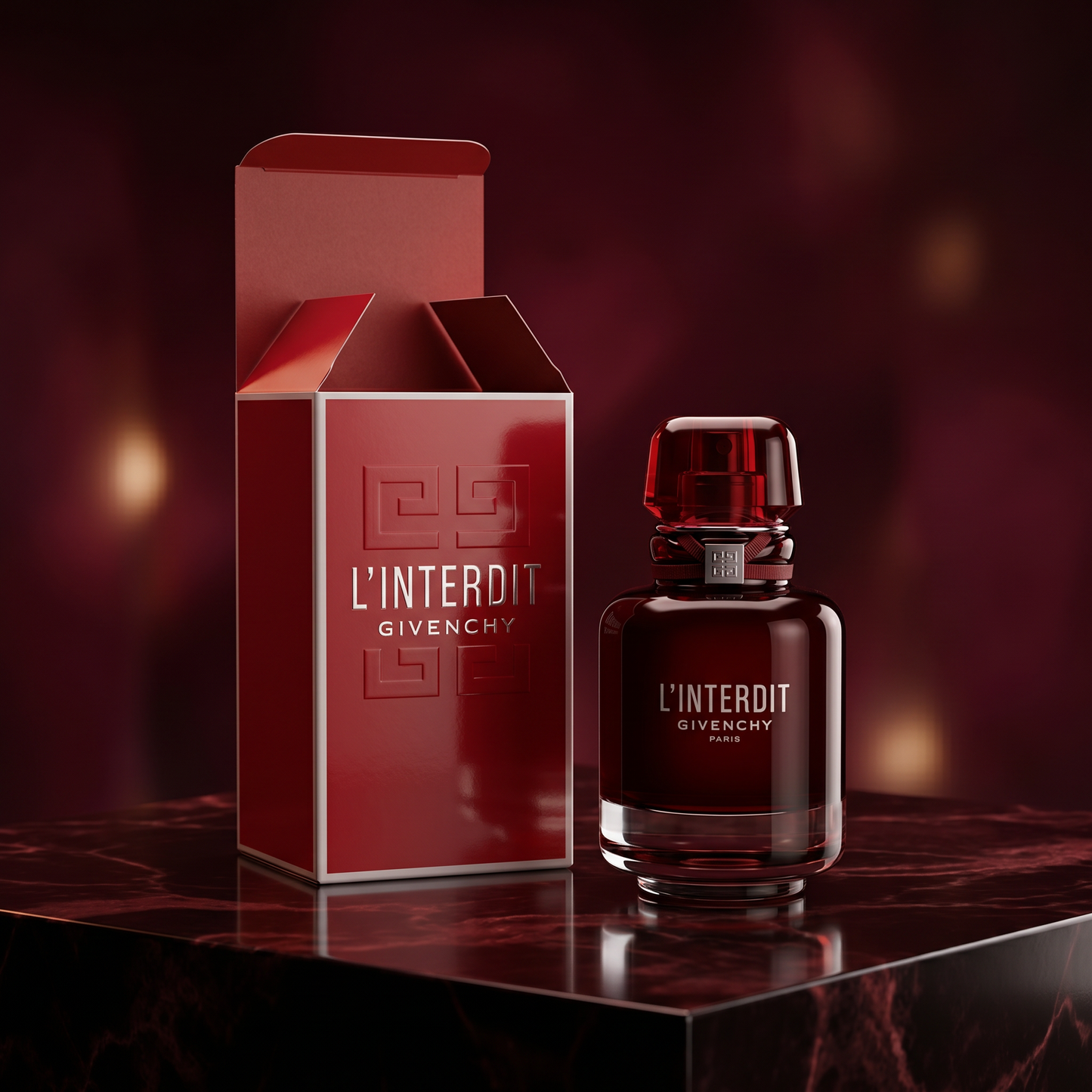 Givenchy L'Interdit Eau de Parfum Rouge for women, elegant perfume bottle with bold red accents and sophisticated design.