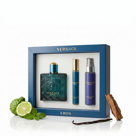Versace Eros men's perfume bottle with gold accents, displayed on a clean surface, showcasing luxurious packaging and branding.