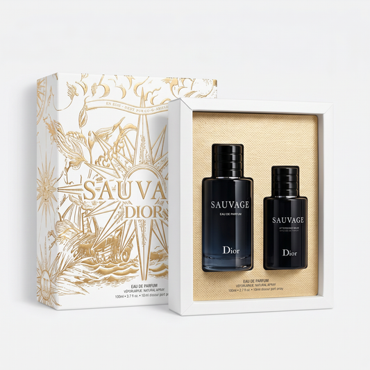 Dior Sauvage fragrance box featuring a sleek black packaging with silver accents, showcasing the iconic Dior Sauvage perfume.