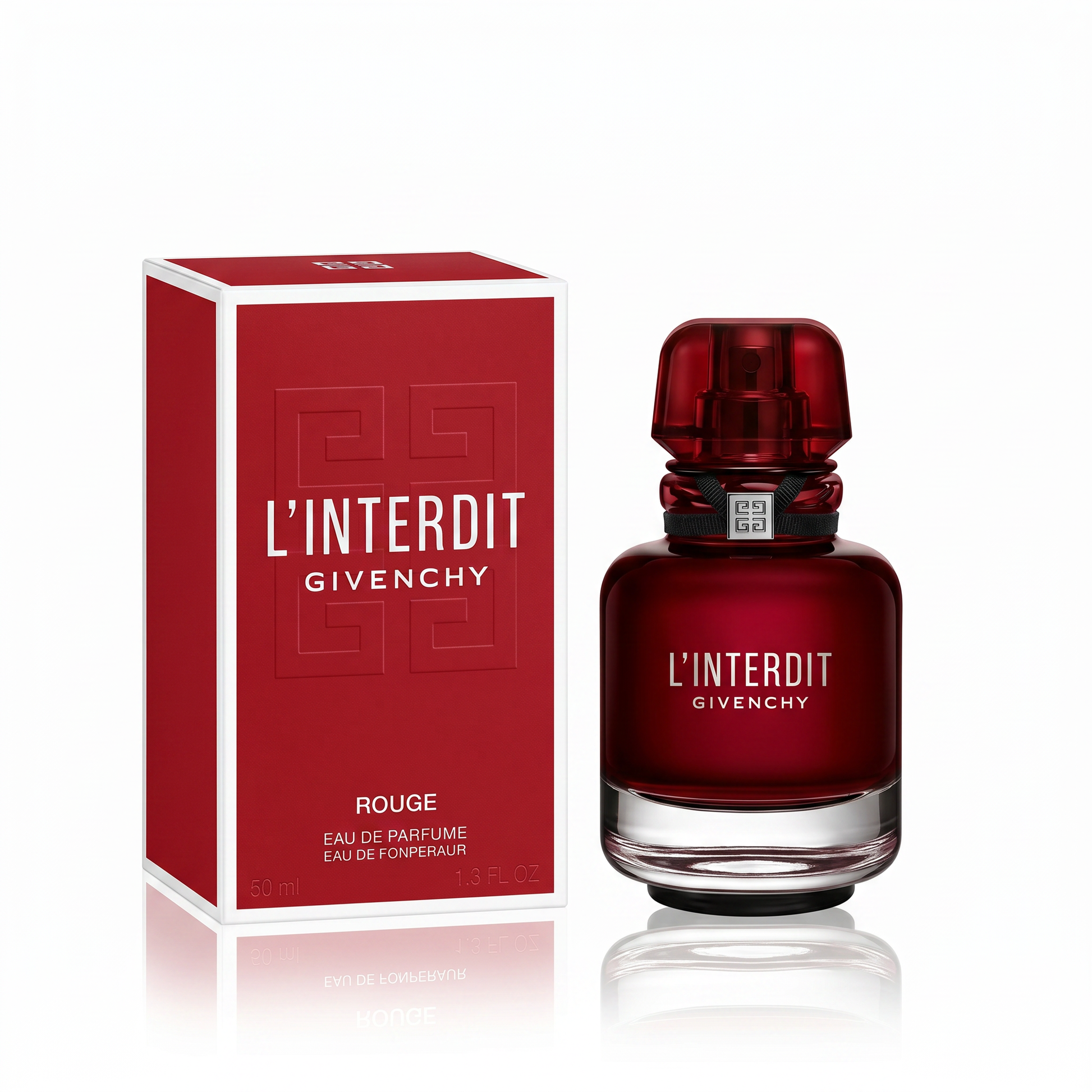 Givenchy L'Interdit Eau de Parfum Rouge for women, elegant perfume bottle with red accents and sophisticated design.