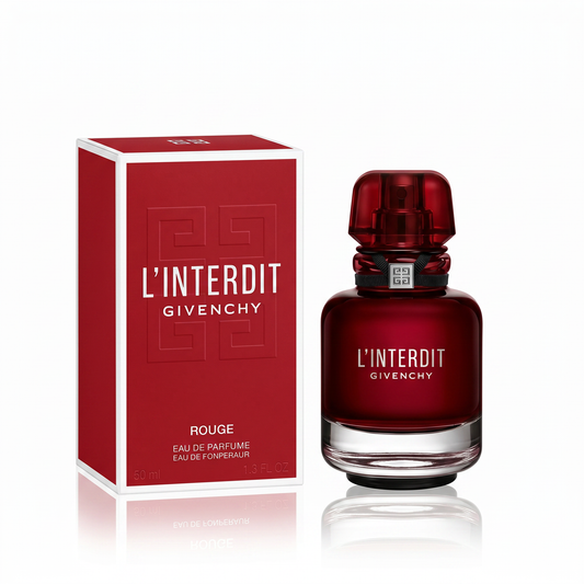 Givenchy L'Interdit Eau de Parfum Rouge for women, elegant perfume bottle with red accents and sophisticated design.