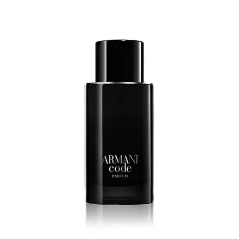 Giorgio Armani Armani Code Parfum men's fragrance bottle with sleek design and dark packaging, on a neutral background