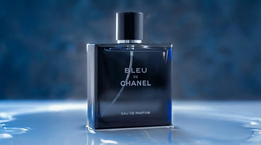Blue de Chanel 100ml fragrance bottle with sleek blue design, shown on a neutral background.