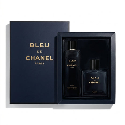 Blue de Chanel box from Lion's Store, featuring a sleek navy packaging with the Blue de Chanel logo and elegant design.