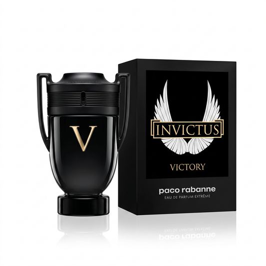 Invictus Victory by Rabanne men's perfume bottle with sleek design and gold accents, displayed against a neutral background.