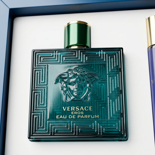 Versace Eros men's perfume bottle, 100ml, with iconic design and vibrant colors, displayed on a neutral background