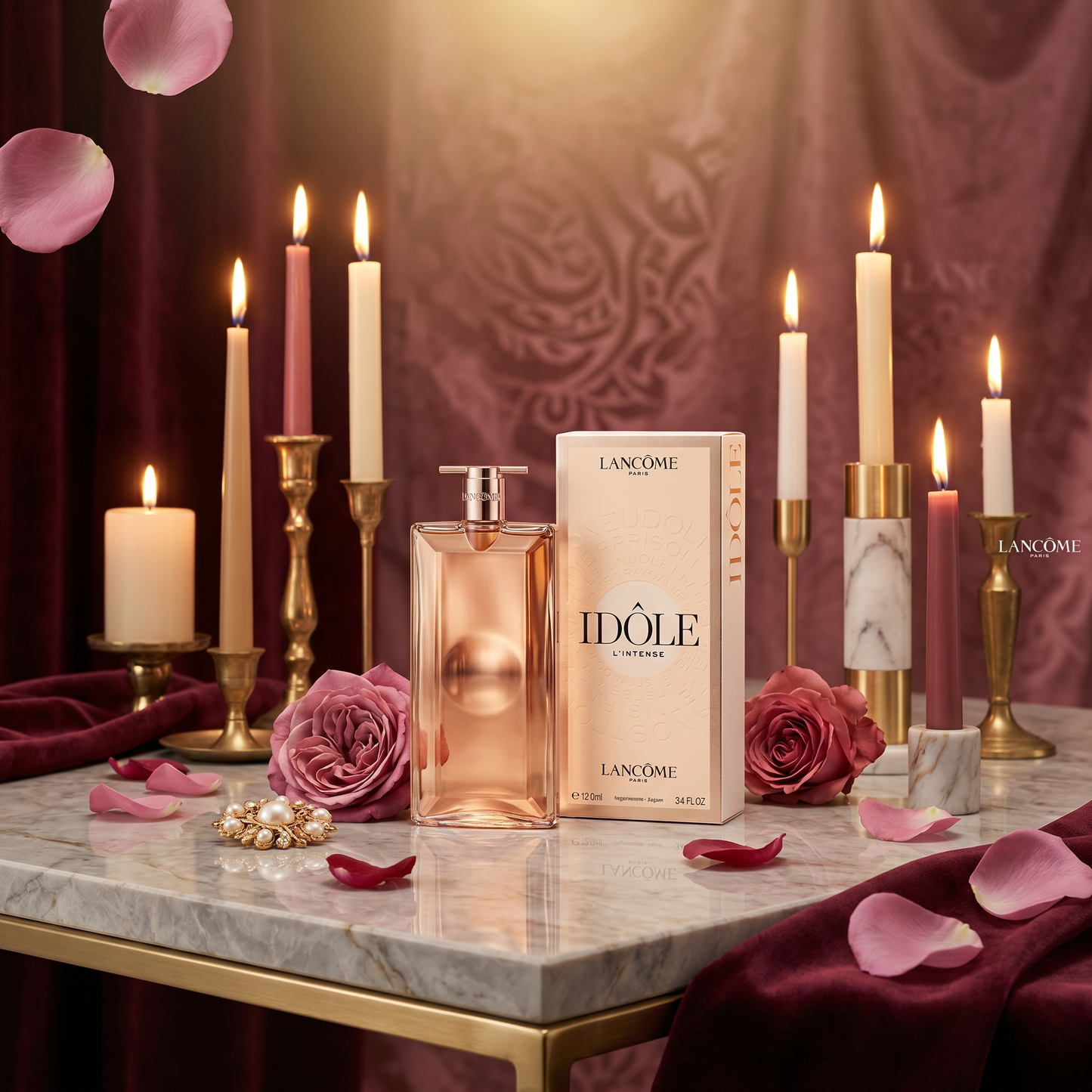 Lancôme Idôle women's perfume bottle with sleek glass design and rose gold accents, showcasing elegant fragrance packaging.