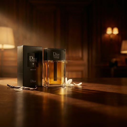 Dior Homme Intense perfume for men featuring sleek bottle design and sophisticated branding.