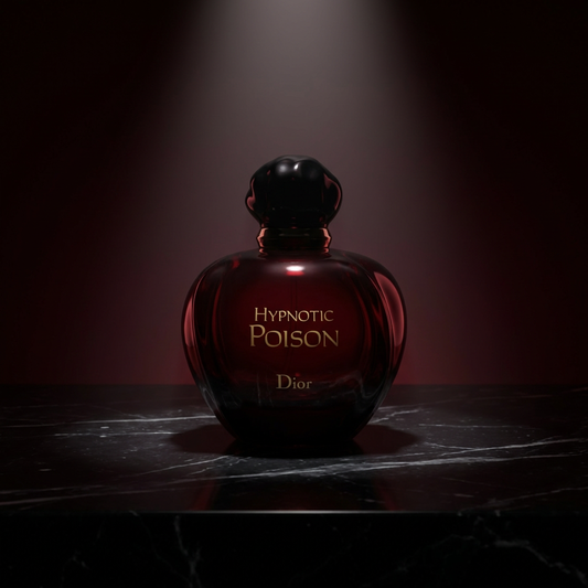 Elegant bottle of Dior Hypnotic Poison perfume for women with a dark, luxurious design and a sleek, rounded shape.