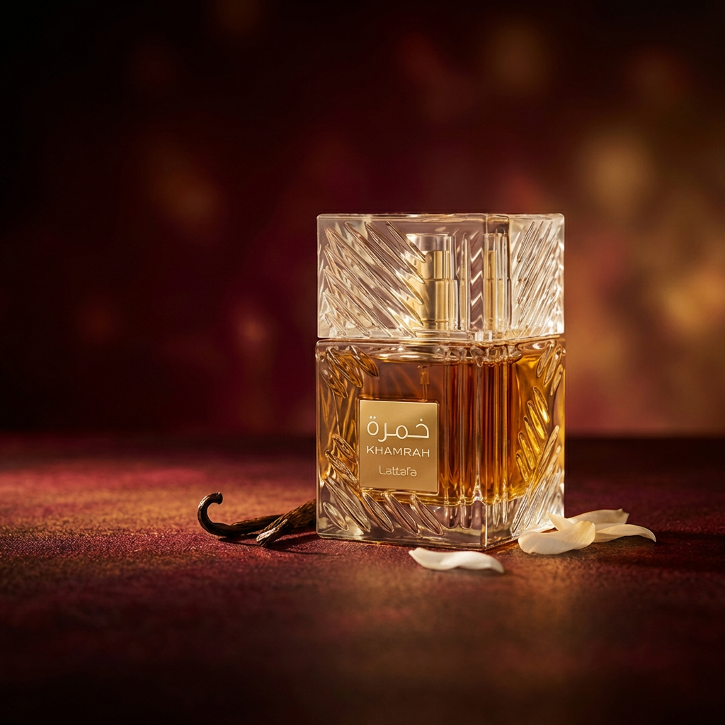 Khamrah Qahwa perfume bottle by Lattafa Perfumes, 100ml, designed for unisex, with a sleek dark brown and gold cap.