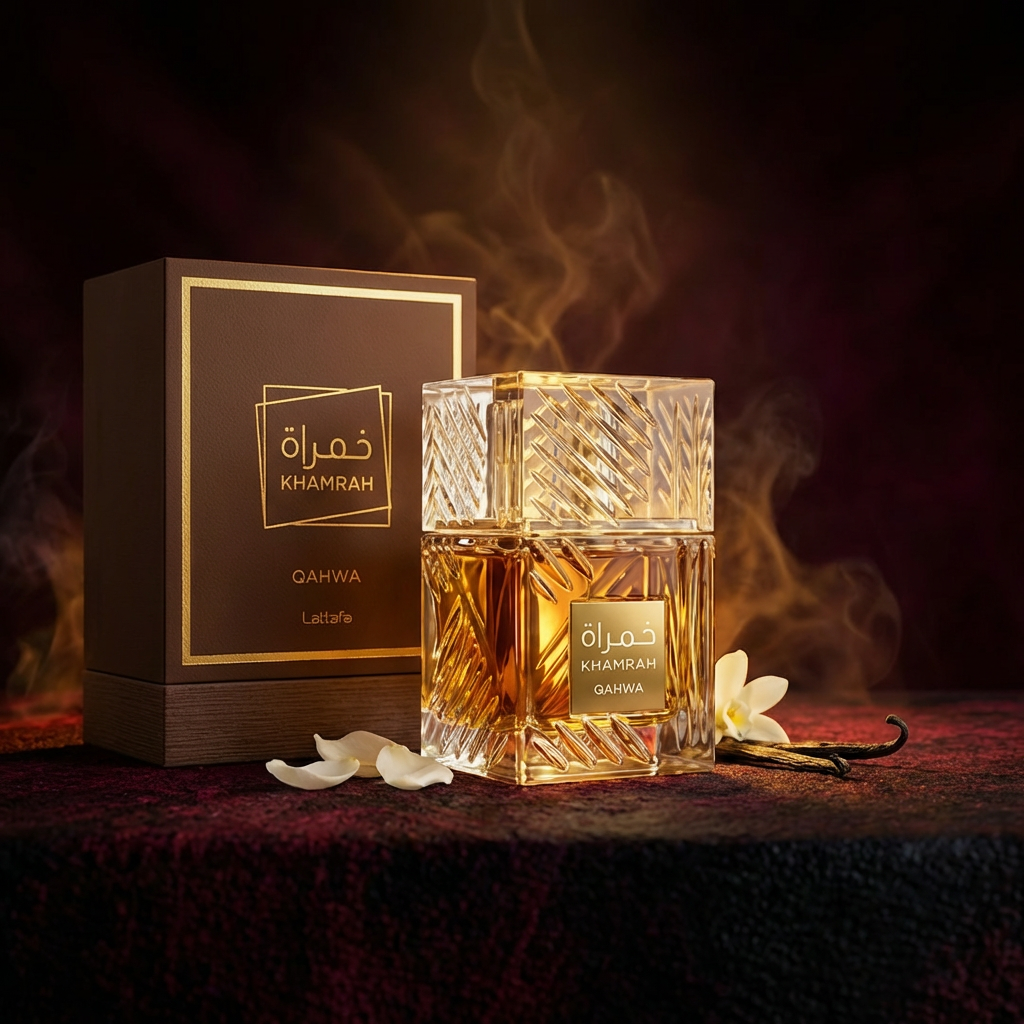 Khamrah Qahwa perfume by Lattafa in a 100ml bottle, designed for both men and women, with elegant packaging and dark-colored cap.
