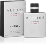 Allure Homme Sport Chanel men's fragrance bottle with sleek design and sporty branding, displayed on a neutral background.