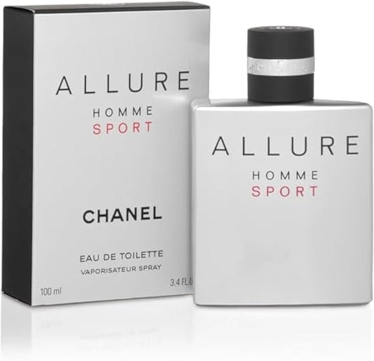 Allure Homme Sport Chanel men's fragrance bottle with sleek design and sporty branding, displayed on a neutral background.