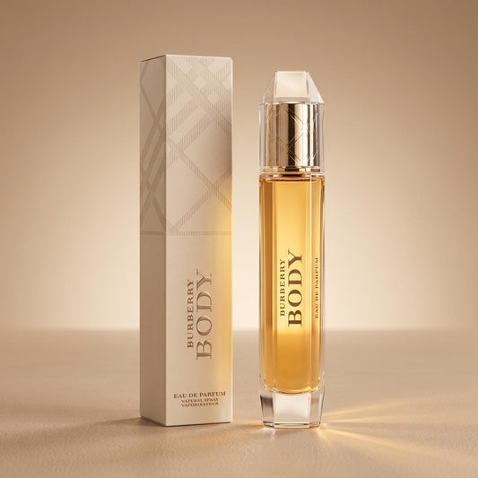 Burberry Body perfume for women featuring a sleek glass bottle with gold accents, displayed on a neutral background