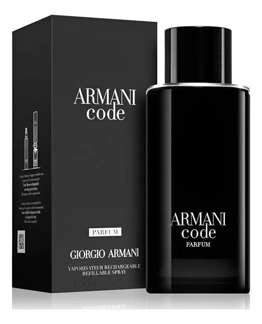 Giorgio Armani Armani Code Parfum men's fragrance bottle with sleek black design and gold accents, showcasing luxurious scent.