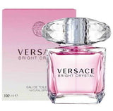 Bright Crystal Versace perfume bottle for women with pink accents, featuring a clear glass design and floral cap.