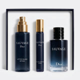 Dior Sauvage men's fragrance box with a sleek bottle design, displayed on a neutral background.