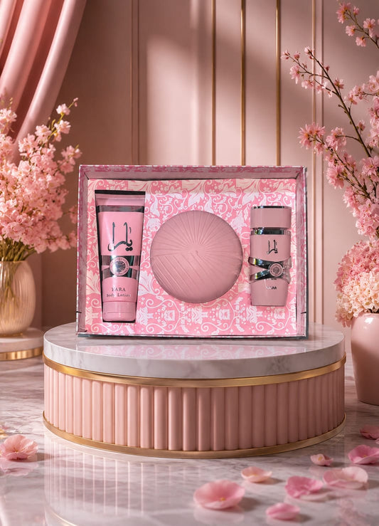 Yara Lattafa perfume set including a perfume bottle and matching box, displayed on a plain background.
