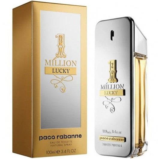 Men's 1 Million Lucky perfume by Rabanne with a sleek gold bottle, featuring a modern, luxurious design for masculine fragrance.