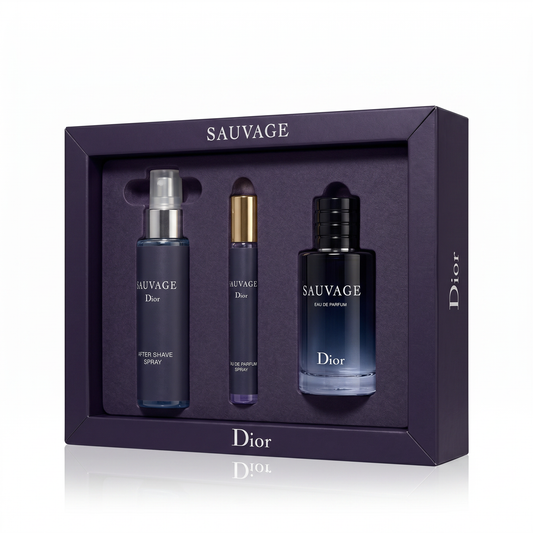 Dior Sauvage men's perfume box with sleek packaging, featuring the iconic Dior logo and fragrance details.