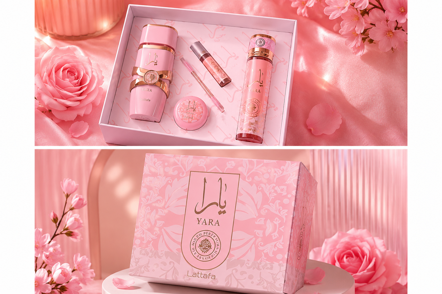 Yara Lattafa perfume set by Lion's Store, featuring two elegant bottles with floral and fruity scents in sleek packaging.