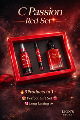 Red women's lingerie set by Lion's store featuring a matching bra and panties with lace details.